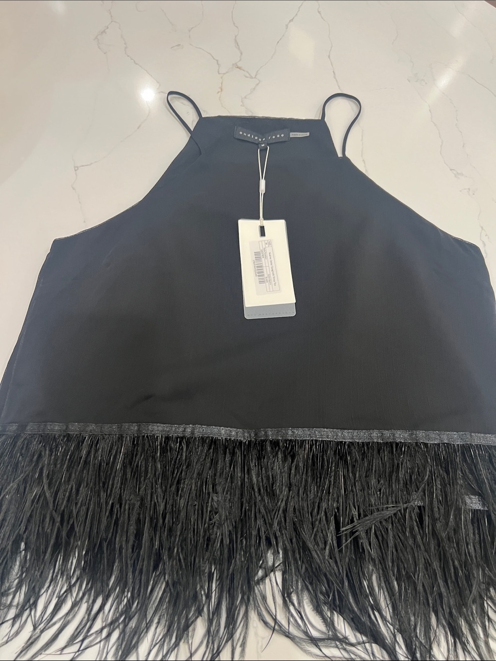 Endless Rose Black Feather-Trim Spaghetti Strap Top-Medium NWT